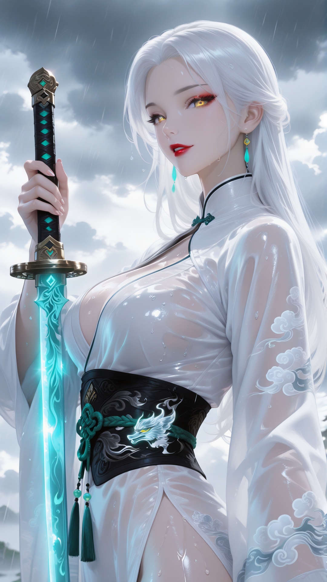 1girl, long hair, yellow eyes, solo, white hair, cloud, breasts, looking at viewer, red lips, weapon, makeup, chinese clothes, cloudy sky, holding, sword, sky, upper body, from side, smile, holding weapon, long sleeves, outdoors, large breasts, holding sword, wet, lipstick, dress, parted lips,<lora:光辉大脚:0.8>,