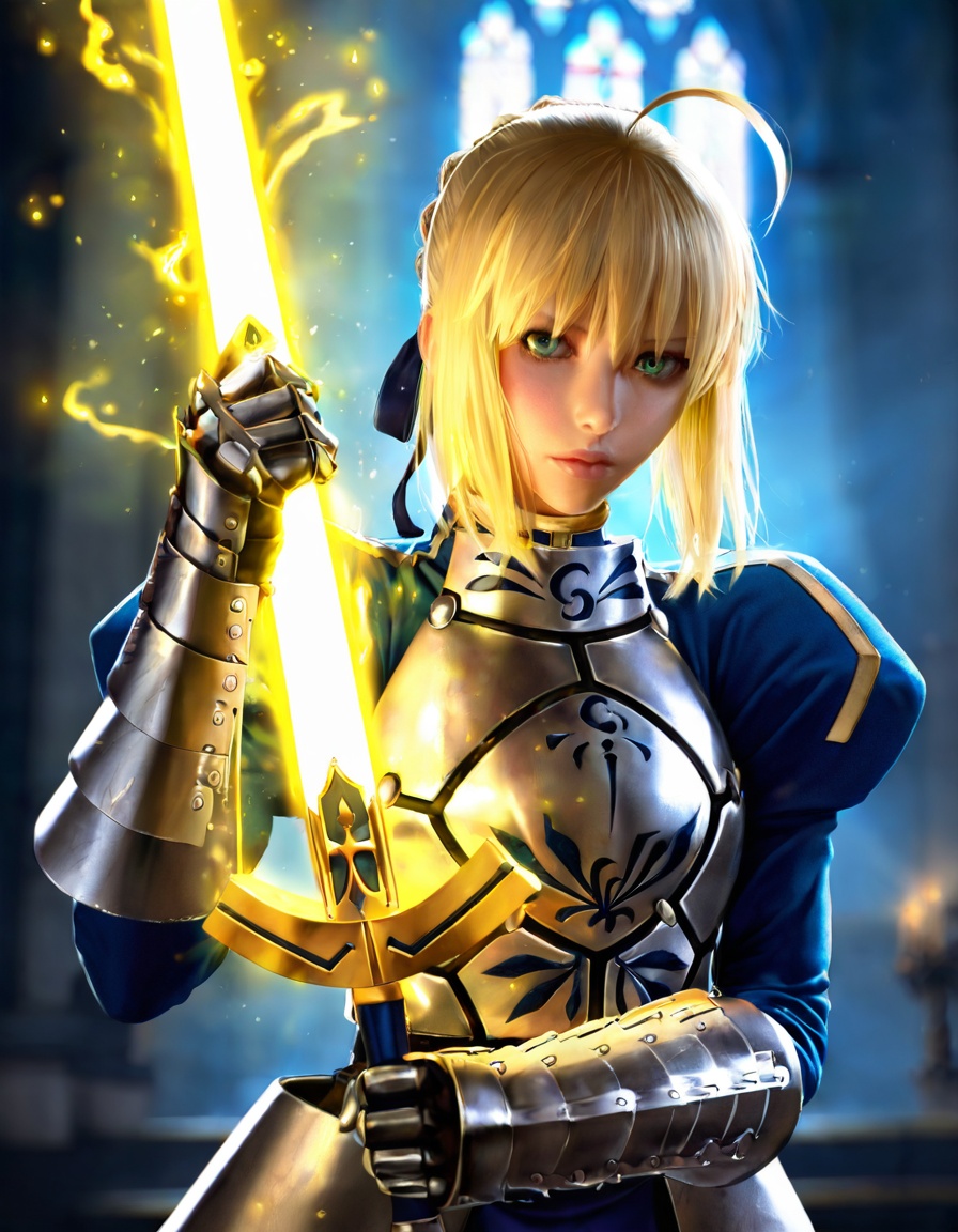 masterpiece, best quality, realistic1girl, saber, fate_(series), 1girl, blonde_hair, green_eyes, armor, holding weapon, sword, yellow aura, church, holding glowing sword,