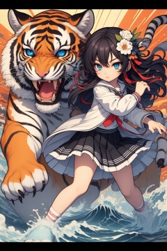 1girl, tiger, blue eyes, colorful, white skirt, skirt, solo, chinese zodiac, flower, looking at viewer, year of the tiger, standing, black hair, sailor collar, fighting stance, pleated skirt, hair flower, hair ornament, long hair, long sleeves, nengajou, full body, waves, multicolored hair, new year, wide sleeves<lora:kim_画虎_v1:1>
