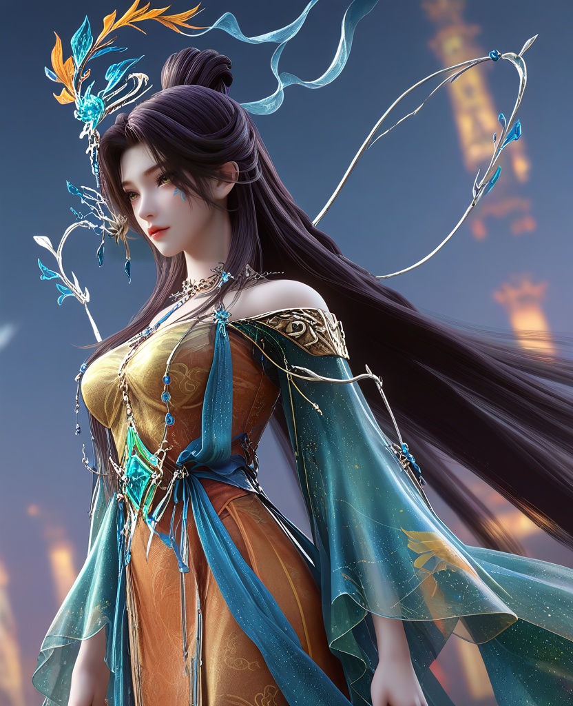 (yokozuwari:1.1),(large breasts:1.2),<lora:XL16云深不知梦羲和风华服:0.95>,miss xihe,orange dress with blue train,yellow eyes,facial mark,black hair,absurdly long hair,traditional chinese updo with long front strands,hair ornament,jewelry,sash,blue sheer overskirt,cerulean wide flowing sleeves,, score_9,score_8_up,score_7_up,score_6_up,score_5_up,score_4_up,3d rendering,tag1,tag2, Cinematic Lighting,backlighting,