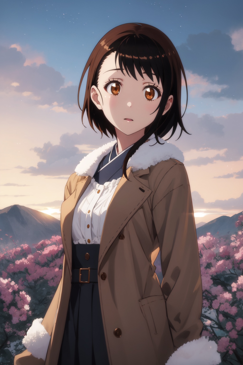 <lora:Kosaki-000013:0.8>,Kosaki CYQL,1girl,looking at viewer,solo,brown hair,short hair,asymmetrical hair,brown eyes,Wool-blend coat with a faux fur collar and cuffs for added elegance,seductive_smile,full_shot,Lavender, Hills, Purple blooms, Fragrance, Bees, Farmhouse, Sunset,(Rose bushes, Spring blooms, Garden sanctuary, Fragrant air, English countryside, Springtime charm:0.5),beautiful detailed sky,beautiful detailed glow,posing in front of a colorful and dynamic background,masterpiece,best quality,beautiful and aesthetic,contrapposto,female focus,wallpaper,