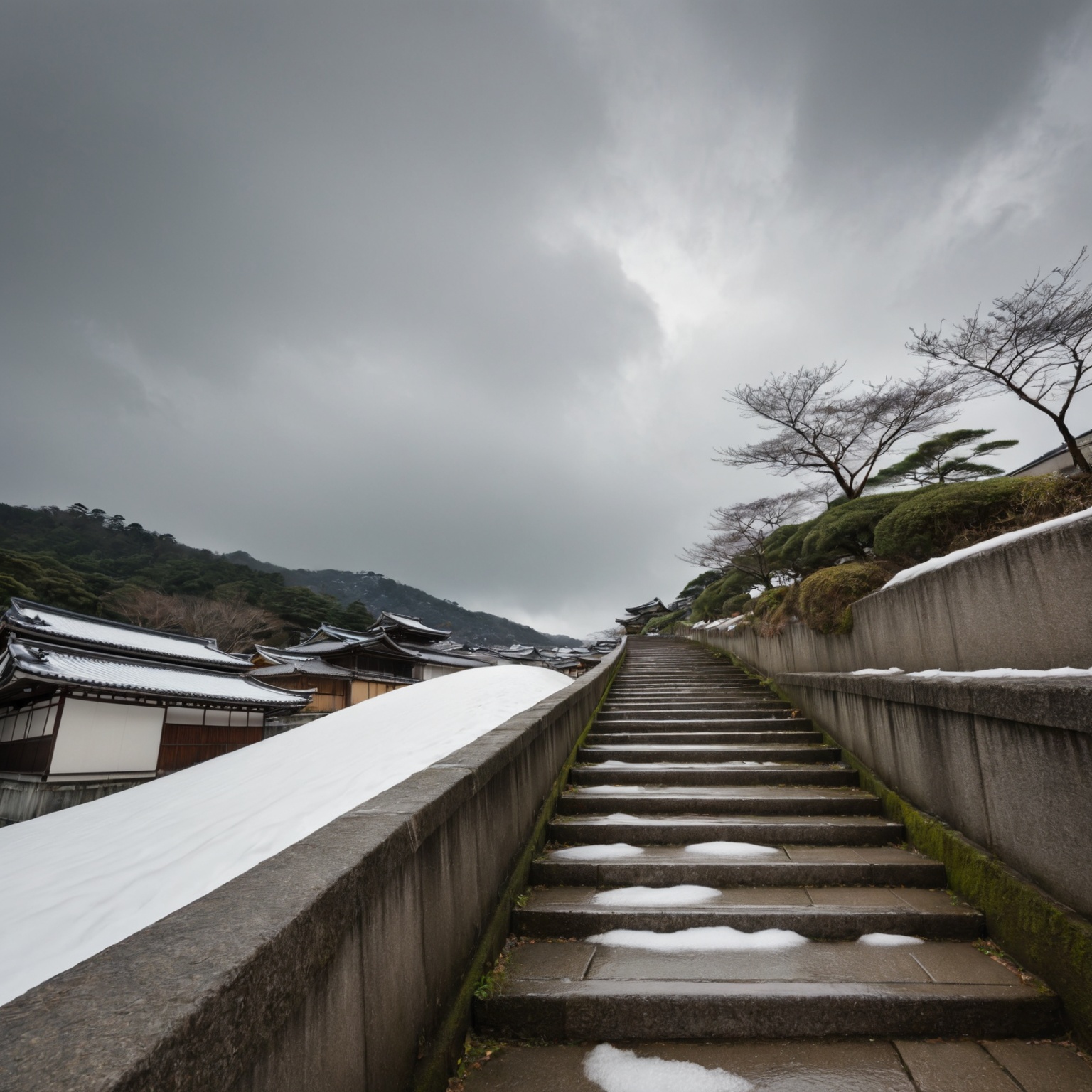 Eight stone steps leading down to the river from the city of Kyoto. Cloudy sky. dim. snow. A composition looking up at the...