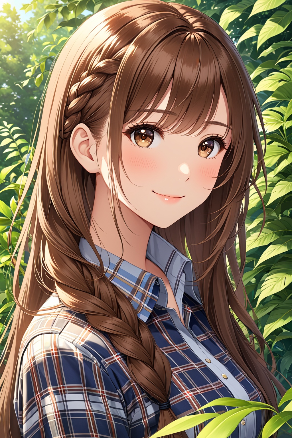 1girl, solo, long hair, looking at viewer, blush, smile, bangs, brown hair, shirt, long sleeves, hair between eyes, brown eyes, very long hair, closed mouth, upper body, braid, outdoors, day, collared shirt, looking to the side, plaid, plant, plaid shirt