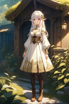 A cute anime elf girl with long white hair and green eyes wearing an off-white dress with gold accents on the skirt and black tights underneath and brown boots, standing in front of her house surrounded by nature on a sunny day with a simple background in a full body portrait concept art in a fantasy style with warm colors, soft lighting and a simple drawing at high resolution, high quality and high detail with sharp focus and no blur in the style of fantasy art.