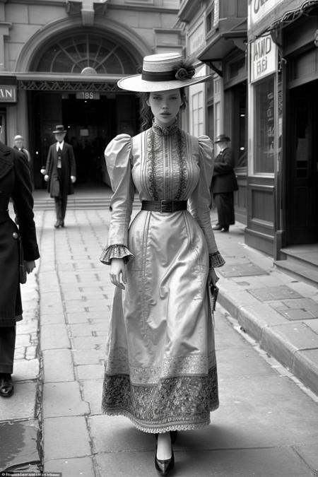 1890 vintage photo of evelynnobodysd15 wearing a plain dress and small straw hat walking down the sidewalk 1890_dr3ss on T...