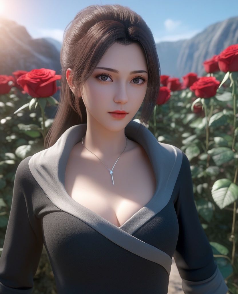 <lora:577-DA-XL-斗破苍穹-云韵-黑服:0.8>(,1girl, ,best quality, ),looking at viewer,masterpiece, (( , )),, realistic,science fiction,mole, ultra realistic 8k cg, sun ,  rose,(cleavage), (),