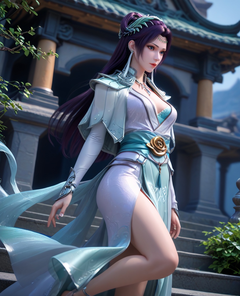(oriental architecture, elegant decor, sophisticated style:1.1),(dancing, jumping:1.1),(breasts:1.2),<lora:XL16斗破苍穹云韵:0.95>,miss yunyun,white silk mermaid dress,blue eyes,dark purple hair,half-up crown updo with long cascading hair,hair ornament,earrings,circlet,necklace,blue camisole,shoulder cape,elbow gloves,sash,pelvic curtain,spiral foot decoration,, score_9,score_8_up,score_7_up,score_6_up,score_5_up,score_4_up,3d rendering,tag1,tag2, Cinematic Lighting,backlighting,, zPDXL3, zPDXL2,zPDXL, zPDXLxxx, zPDXLrl,