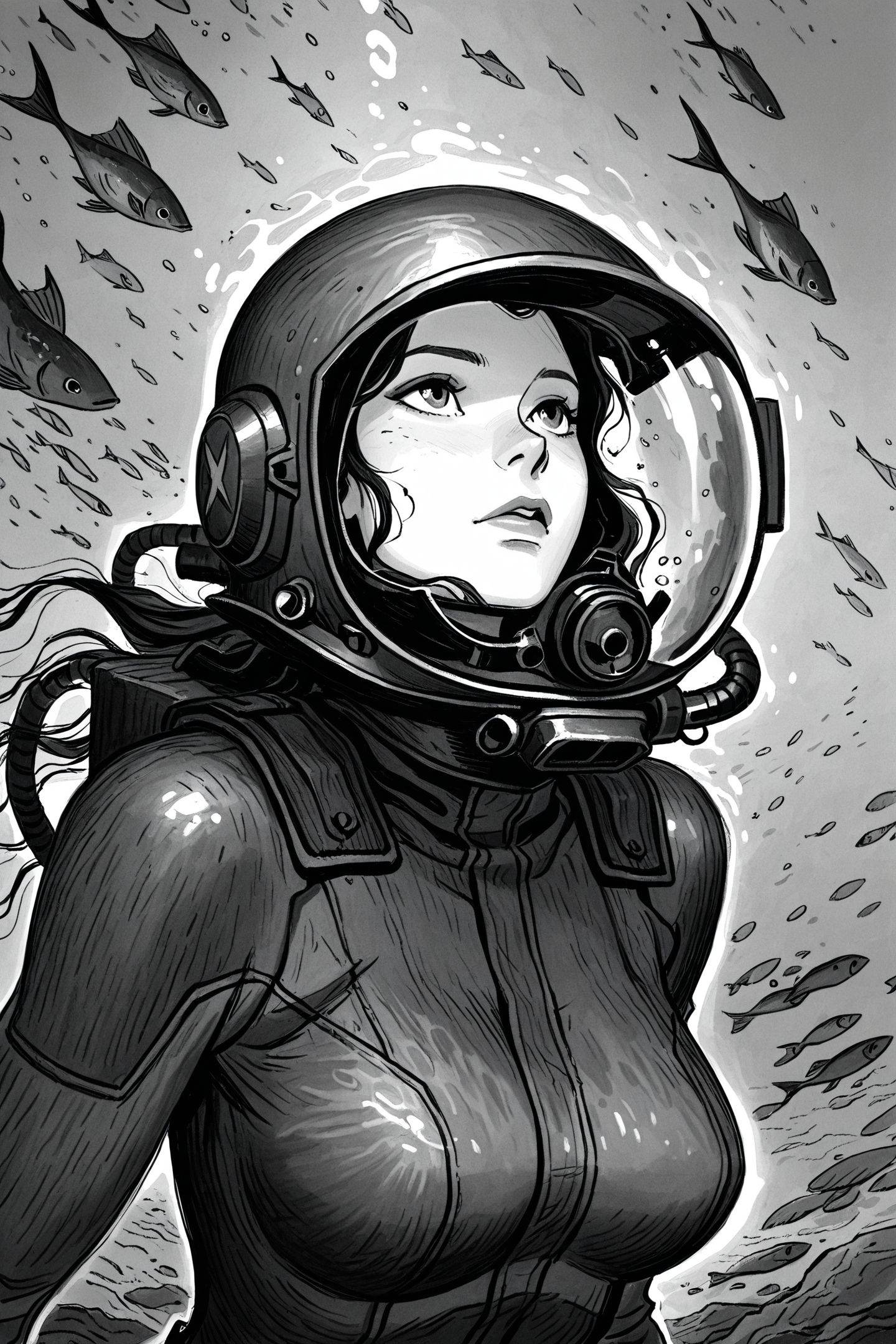 ami thompson Style Type-II,1girl,monochrome,greyscale,solo,breasts,lips,long hair,upper body,diving helmet,looking up,traditional media,underwater,fish,<lora:ami thompson_illustriousXL:1>,
