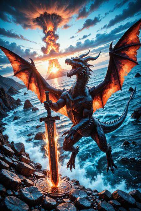 (real life:1.6), creature, dragon, western dragon, black dragon, fang, wings, (flying:1.3), horizon, aerial, holding weapon, buster sword, huge weapon, magic circle, colorful, volcano, flame, fighting, dynamic angle, (realistic:1.4), (photorealistic:1.4), (photo background:1.4), (real life insert:1.4), outdoors, holding, sky, no humans, sword, day, weapon, holding sword,(masterpiece:1.6), (best quality:1.6), (newest:1.6), (cosplay photo:1.4), (absurdres:1.6), (highres:1.6)