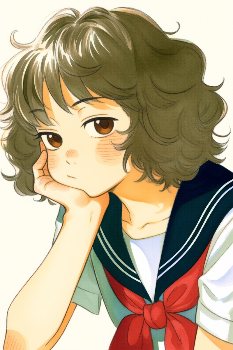 @nnsst,  The image depicts a young girl with curly brown hair resting her cheek on her hand,  looking slightly downward wi...