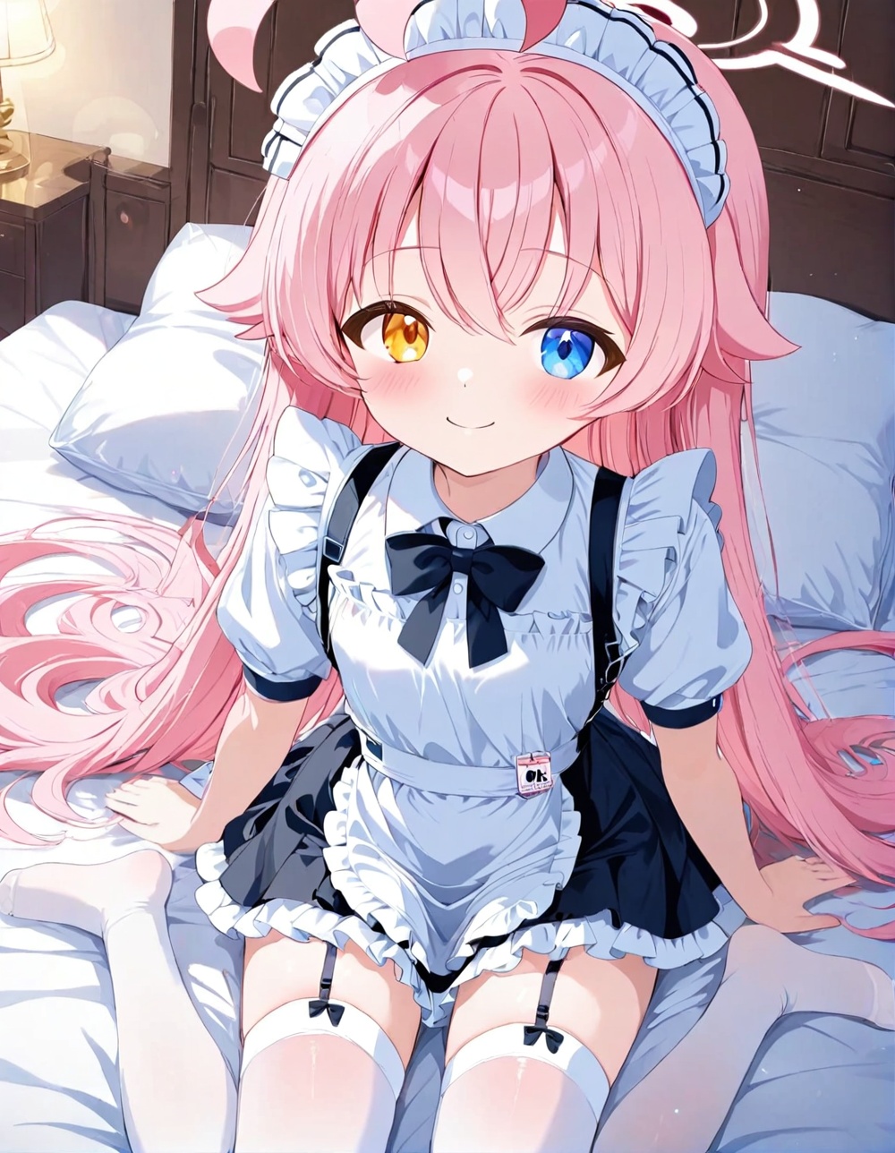 ultra detailed anime texture,O,1girl, hoshino (blue archive), solo, thighhighs, ahoge, heterochromia, pink hair, long hair, apron, maid headdress, sitting, halo, white thighhighs, blue eyes, looking at viewer, frills, garter straps, maid, bow, smile, short sleeves, yellow eyes, wariza, no shoes, on bed, puffy sleeves, bangs, white shirt, closed mouth, very long hair, shirt, bowtie, blush, pillow, skirt, frilled apron, enmaided, white apron, alternate costume, hair between eyes, waist apron, maid apron, puffy short sleeves, ribbon, bed, chest harness, frilled skirt
