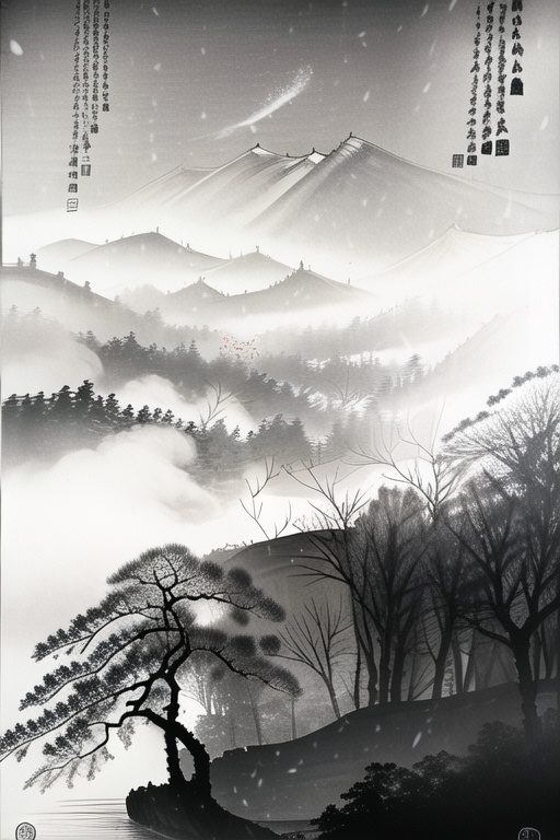 Rural brush painting, Landscape Ink Painting, greyscale, outdoors, tree, no humans, nature, scenery, snow, forest, mountain, winter, bare tree