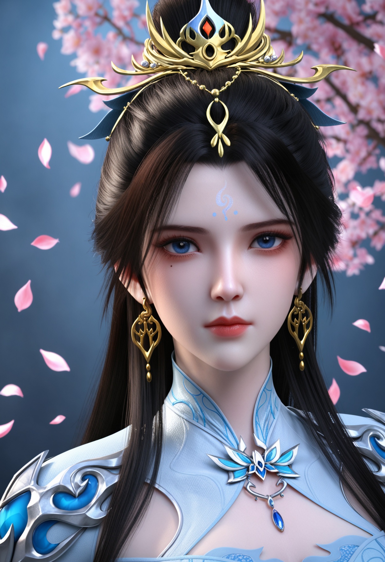 (upper_body:1.2),(looking at viewer:1.1),masterpiece,(best quality),smog,Dark room,dim lighting,peach blossom,falling petals,<lora:YQ_Illustrious光辉v5_姬凝霜_服装2_V1:0.8>,q1528437228,1girl,solo,long hair,hair ornament,black hair,jewelry,earrings,dress,blue eyes,forehead mark,hair bun,white dress,chinese clothes,long sleeves,blue dress,brown hair,single hair bun,necklace,wide sleeves,mole,collar,mole under eye,boots,