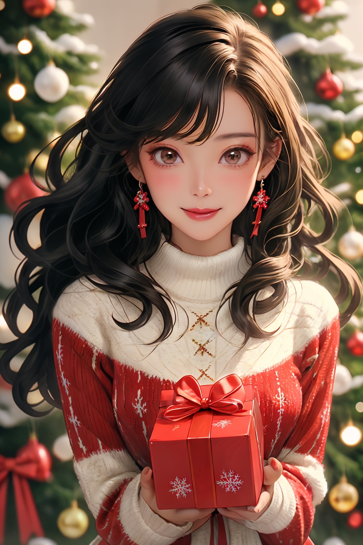 1girl,solo,jewelry,gift,earrings,long hair,holding,black hair,smile,bow,looking at viewer,dress,box,blurry background,red bow,hair bow,gift box,blush,blurry,sweater,christmas,long sleeves,holding gift,brown eyes,ribbon,white dress,white sweater,nail polish,parted lips,bangs,ring,christmas tree,red nails,holding box,fingernails,hair ribbon,turtleneck,christmas ornaments,red lips,red ribbon,depth of field,floral print,turtleneck sweater,wavy hair,cowboy shot,lips,<lora:shengdan:0.6>,normal fingers,