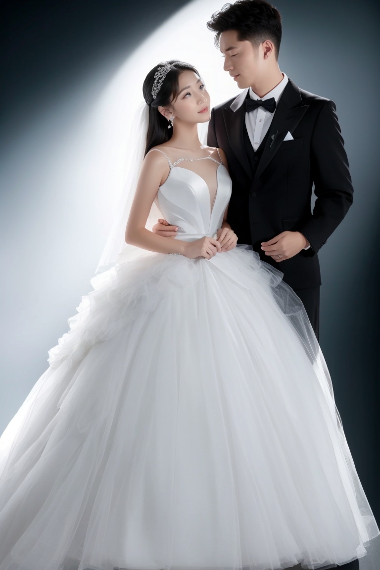 ((HRD, HUD, 8K)),((masterpiece, best quality)), highly detailed, soft light,WEDDING, 1girl, dress, 1boy, black hair, black background, white dress, jewelry, bow, formal, wedding dress, bowtie, realistic, earrings, hetero, simple background, suit, <lora:20240407-1712491685411:0.8>