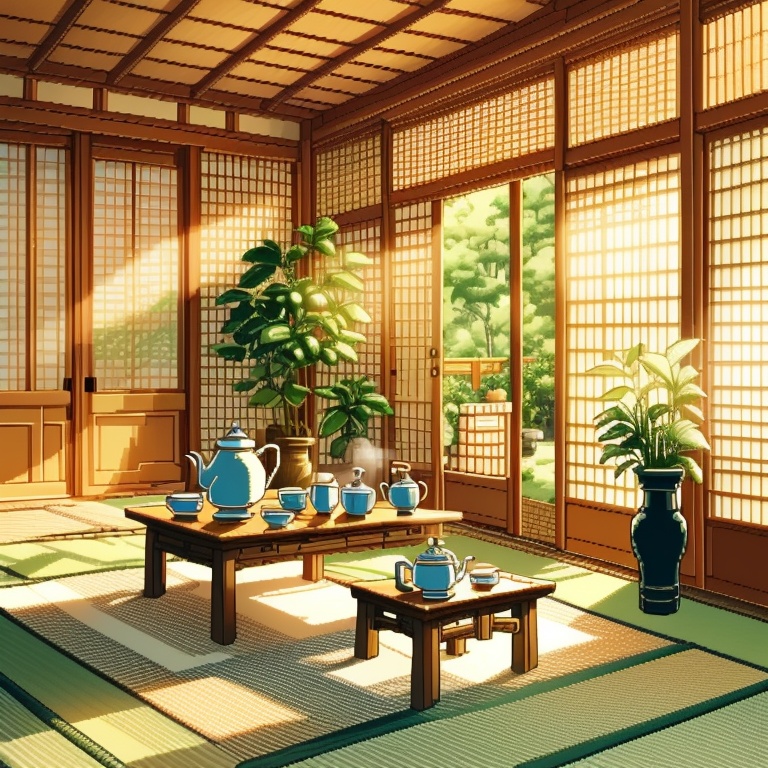 ((HRD, HUD, 8K)),((masterpiece, best quality)), highly detailed, soft light,GameScenes, no humans, plant, teapot, scenery, sunlight, table, potted plant, cup, teacup, indoors, tea, steam, window, light rays, kettle, architecture, flower pot, day, sliding doors, tatami, east asian architecture, tree, <lora:20240330-1711769468704:0.9>