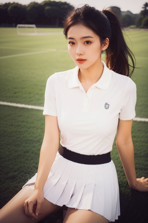Masterpiece,highest quality,highest resolution,girl,20 years old,flawless face,perfect facial contour,high ponytail,flowing hair,polo shirt short top,white pleated skirt,sports field,sweet,background blurring,panoramic view,<lora:KODA GOLD200:1>,