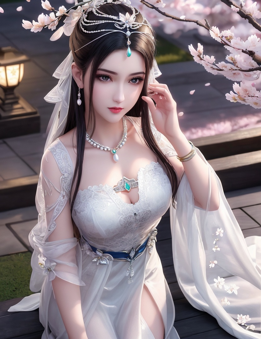ultra realistic 8k cg, picture-perfect face, flawless, clean, masterpiece, professional artwork, famous artwork, cinematic lighting, cinematic bloom, perfect face, beautiful face, fantasy, dreamlike, unreal, science fiction,   lace, lace trim, lace-trimmed legwear,  (rich:1.4), prestige, luxury, jewelry, diamond, gold, pearl, gem, sapphire, ruby, emerald, intricate detail, delicate pattern, charming, alluring, seductive, erotic, enchanting, hair ornament, necklace, earrings, bracelet, armlet,halo((,1girl, pov,))  , ((((1girl, solo, ,cherry blossoms,outdoors, ))))<lora:DA_LinQingZhu:0.6>