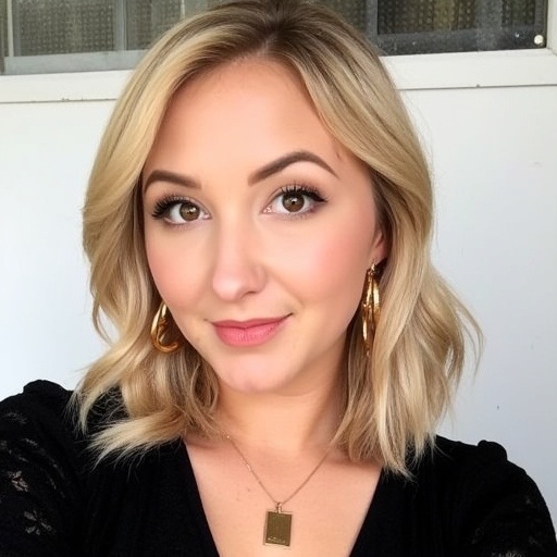 audreyw This is a close-up photograph of a young woman with light skin and blonde,  wavy shoulder-length hair. She has wel...