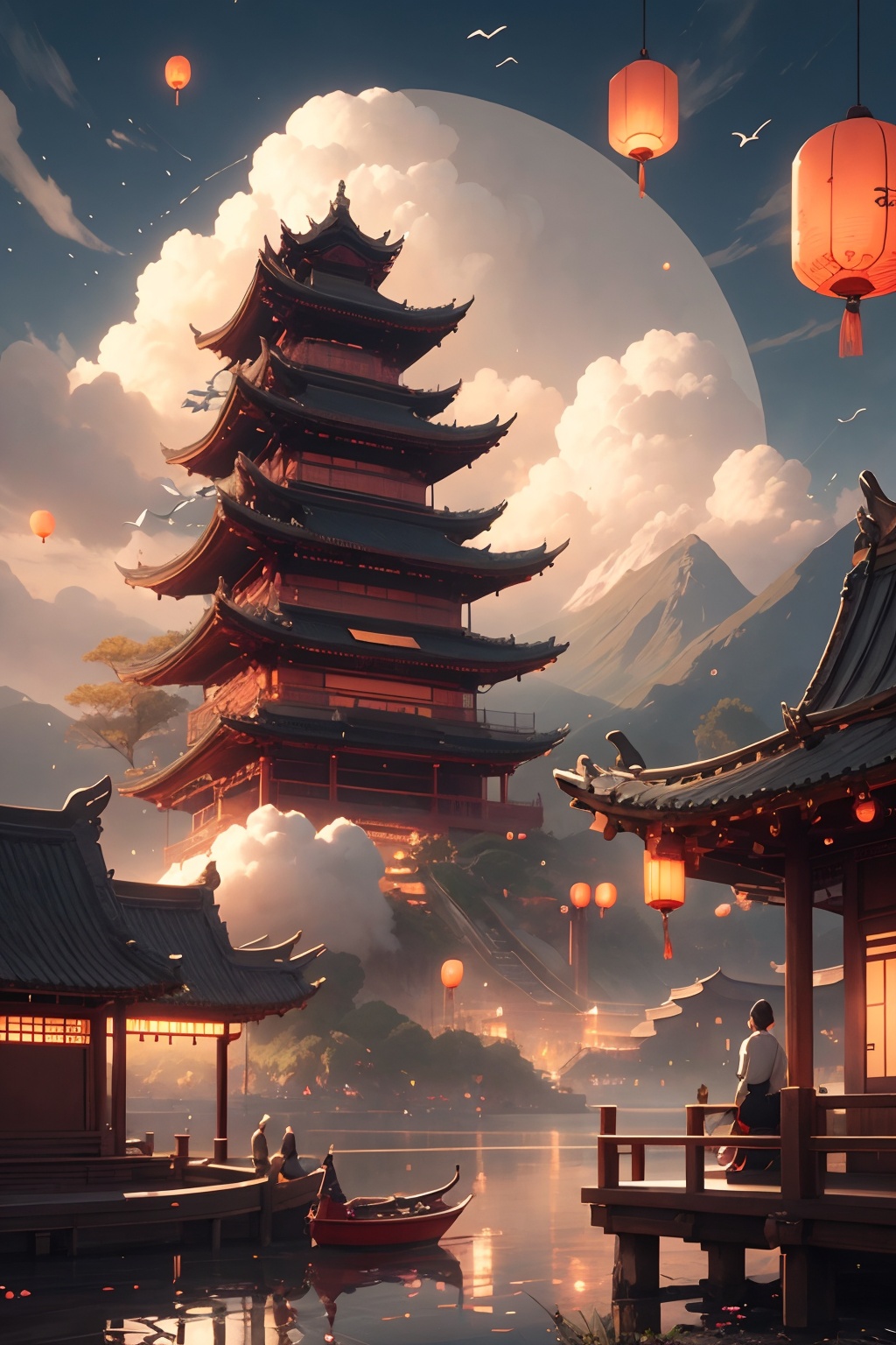 scenery, lantern, cloud, architecture,  east asian architecture, outdoors, sky, watercraft, bird, boat, facing away, water, day, pagoda, sitting, building,mountain, cloudy sky, <lora:house:0.7>