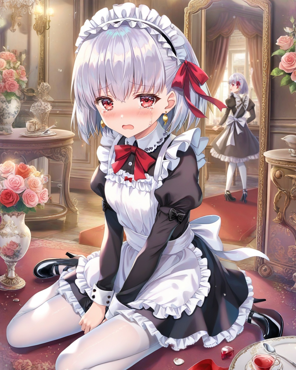 1girl, kama (fate), maid headdress, red eyes, dress, long sleeves, looking at viewer, apron, solo, maid, black dress, blush, pantyhose, short hair, open mouth, earrings, alternate costume, sitting, bangs, flower, ribbon, jewelry, small breasts, white pantyhose, enmaided, shoes, hair ribbon, white apron, black footwear, tears, grey hair, puffy sleeves, breasts, frills, plate, wariza, crying, mirror, maid apron, red ribbon, cup, table, juliet sleeves, vase, fork, crying with eyes open, high heels, rose, white hair, tearing up, floral print, spoon, tray