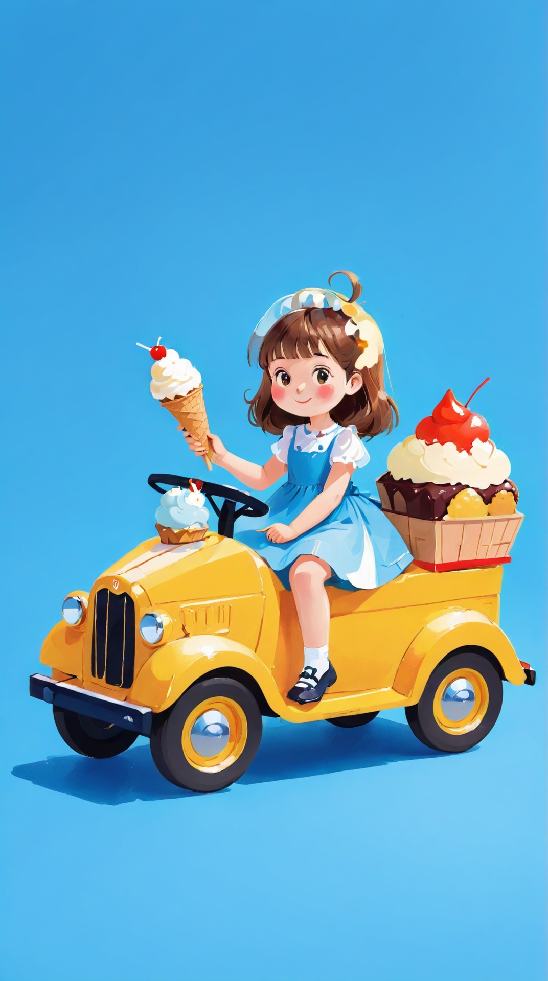 llustration,A girl, Sitting on a toy car, wearing a dress, holding an ice cream, best quality,simple background