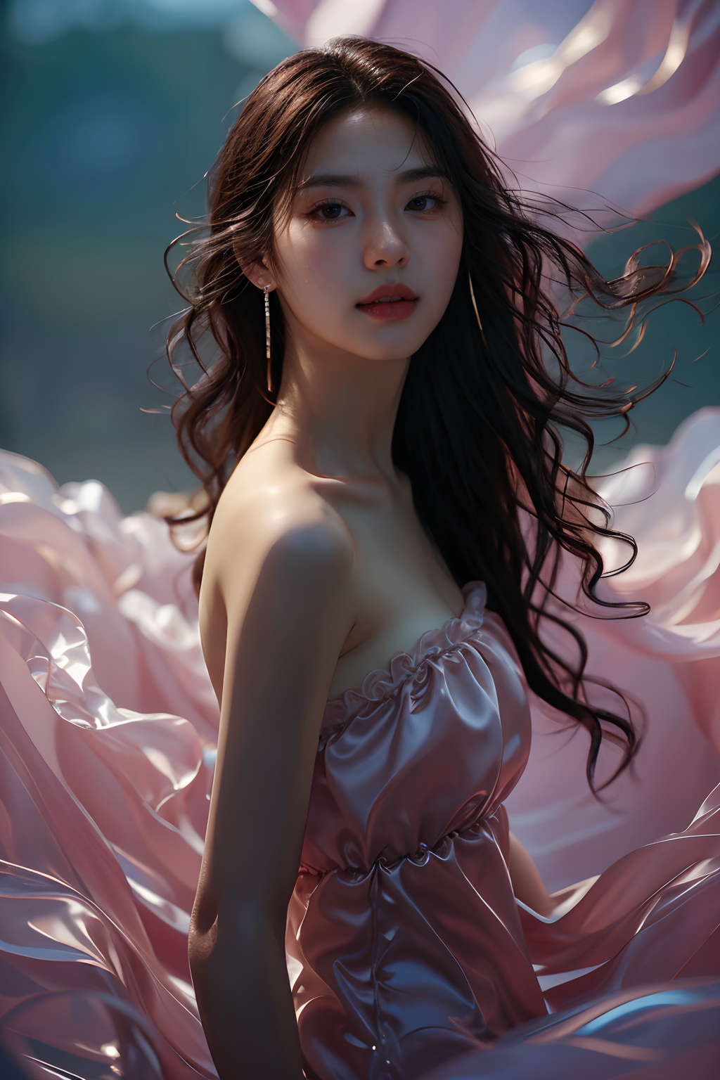 sd mai, piao, 1girl, solo, long hair, dress, brown hair, looking at viewer, realistic, bare shoulders, brown eyes, strapless, earrings, jewelry, strapless dress, blurry, parted lips, lips <lora:飘piao:0.7>