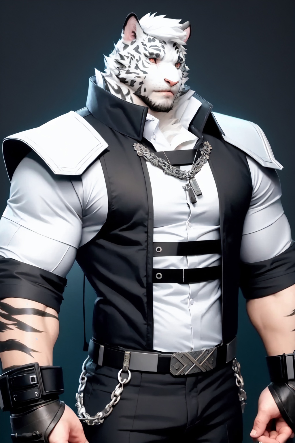 mountain_(arknights),tiger_boy,scar_across_eye,solo,1boy,white_fur,furry_male,muscular_male,bara,scar_on_face,large_pectorals,looking_at_viewer<lora:mountain_(arknights):1>,simple background,white backgroundmasterpiece,best quality, highly detailed, 