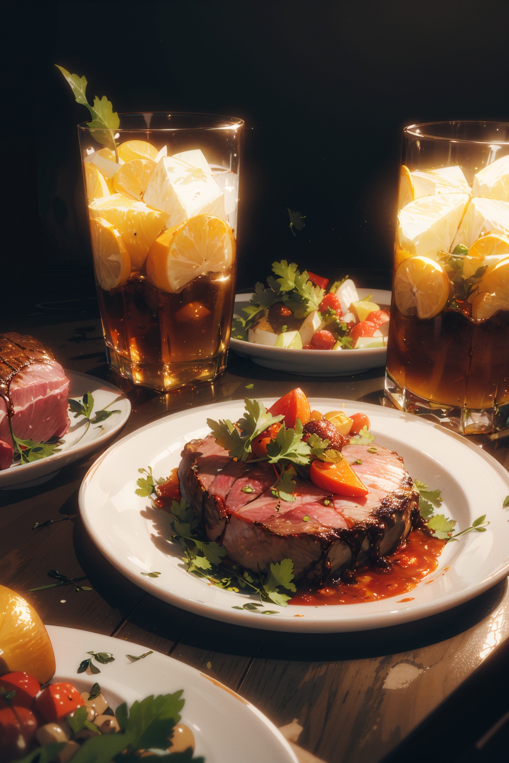 masterpiece,best quality,(ray tracing,cinematic lighting),realistic,close-up,still life,no humans,food,meat,leaf,vegetable,plate