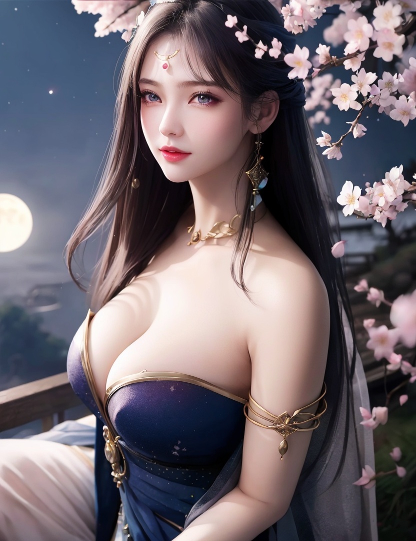 <lora:525-DA-斗破苍穹-萧薰儿-V2:0.8>(,1girl, ,best quality, ),looking at viewer,masterpiece,(( , )),, realistic,science fiction,mole,,ultra realistic 8k cg,     ,cherry blossoms,,night, night sky, crescent moon, moonlight,,(facing viewer, looking at viewer, , ),  (cleavage), (), age), (),