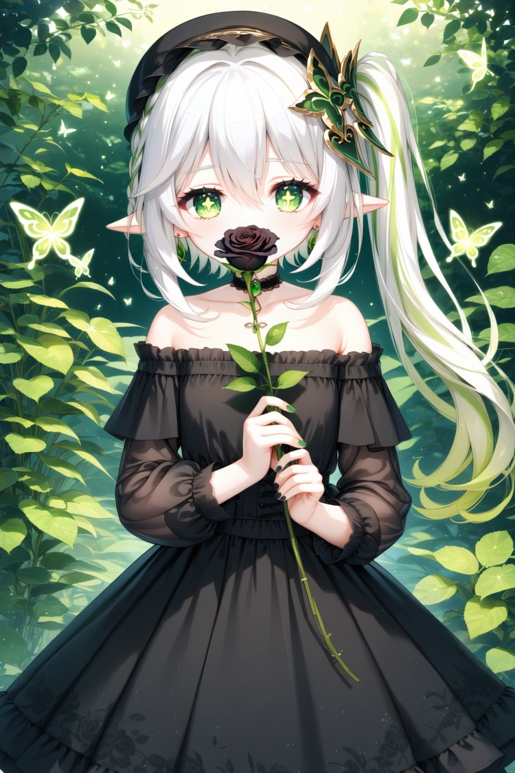 (masterpiece),(best quality),illustration,ultra detailed,hdr,Depth of field,(colorful),1girl,black flower,black rose,rose,nahida (genshin impact),solo,green eyes,flower,pointy ears,butterfly,side ponytail,holding,bug,black nails,dress,holding flower,white hair,looking at viewer,long hair,jewelry,hair ornament,alternate costume,hair between eyes,green hair,symbol-shaped pupils,frills,black dress,choker,hairband,green nails,nail polish,black choker,bare shoulders,upper body,collarbone,multicolored hair,off shoulder,earrings,off-shoulder dress,lolita fashion,covered mouth,white rose,green flower,gem,long sleeves,black headwear,cross-shaped pupils,