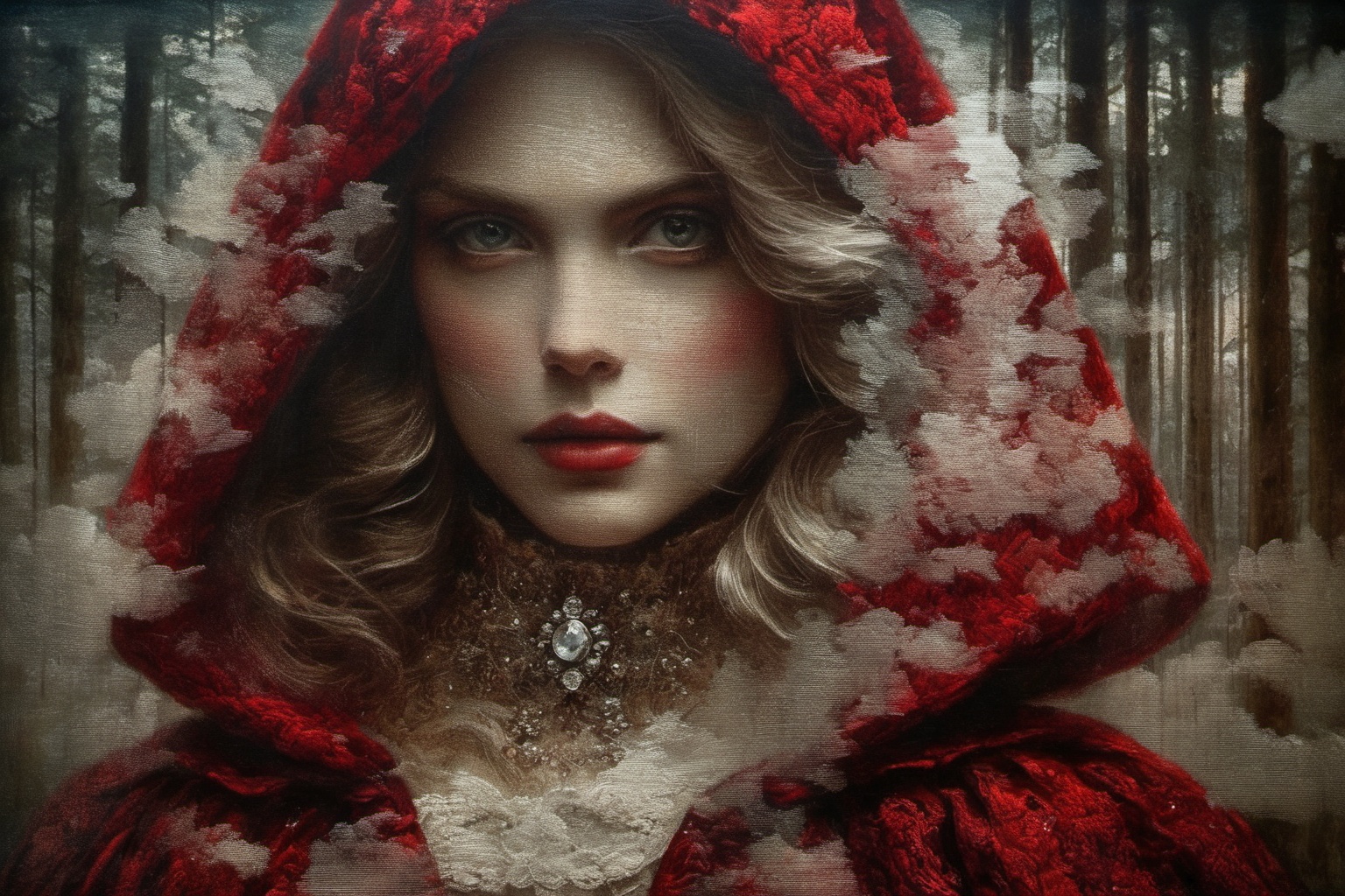 Double Exposure: portrait oil painting,  of a ((transparent red riding hood with a double exposure forest in her face)),...