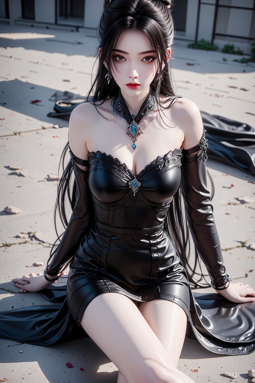 <lora:宁姚第一版:1>,1girl, sitting, solo, dress, long hair, hair ornament, boots, jewelry, earrings, black hair, black dress, bare shoulders, breasts, black footwear, looking at viewer, hair bun, rock