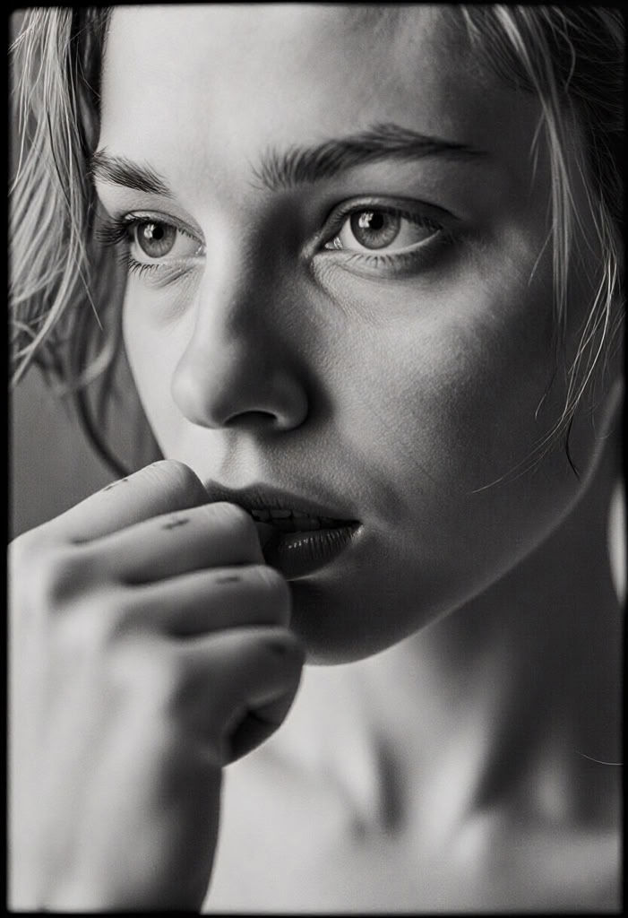 analog_feel,  an intimate portrait from the past,  extreme close-up of a young woman with intense eyes on Tensor.Art
