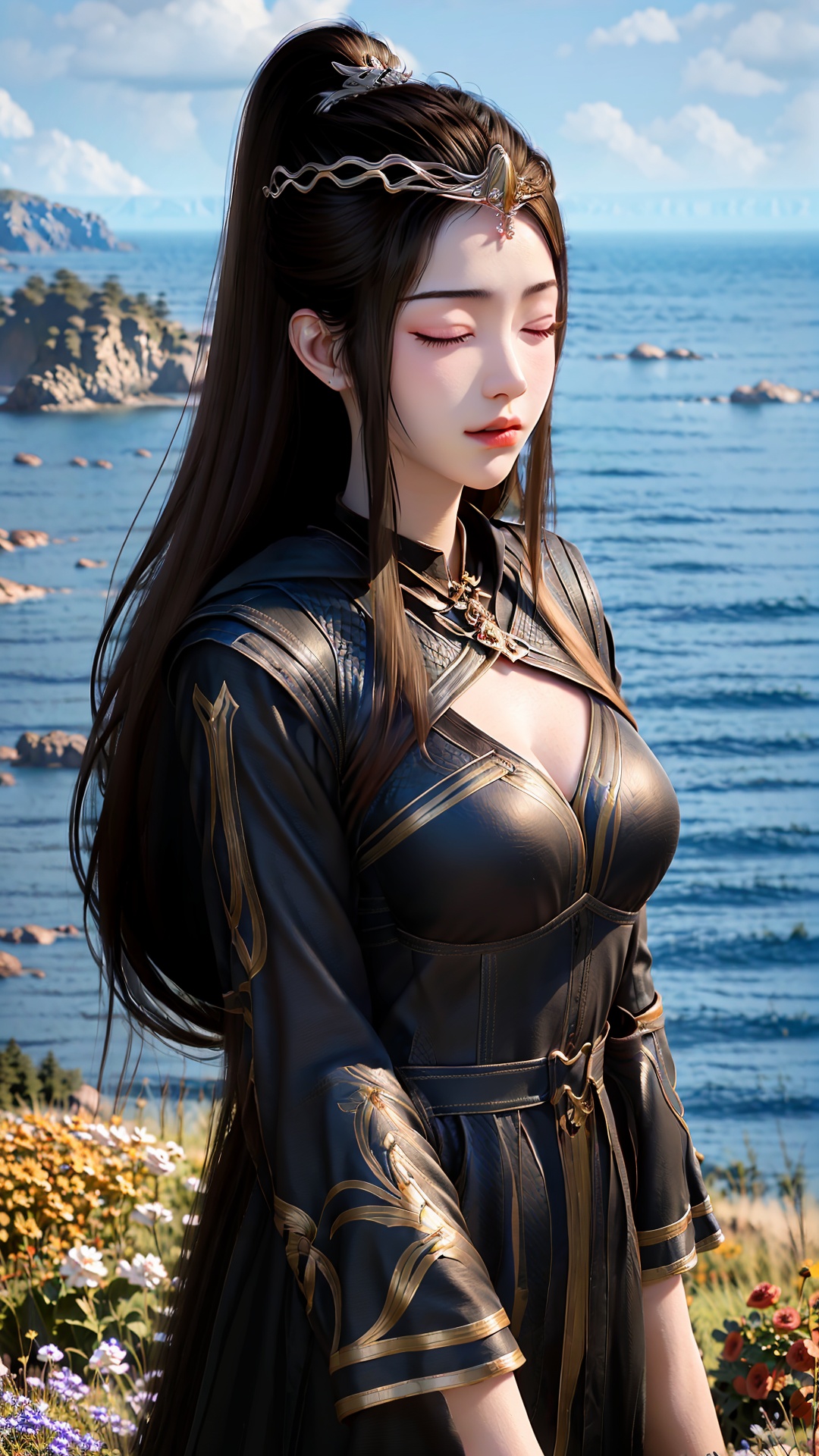 1girl,flower,closed eyes,outdoors,long hair,solo,day,dress,black hair,sky,water,ocean,black dress,closed mouth,long sleeves,blue sky,horizon,tiara,standing,animal,bird,<lora:Gloss_Tweaker_V2:0.6>,<lora:粉色妆容强度调节滤镜:0.5>,huge filesize,reservoir,<lora:girl solo yuanyao_20240908025103:0.8>,