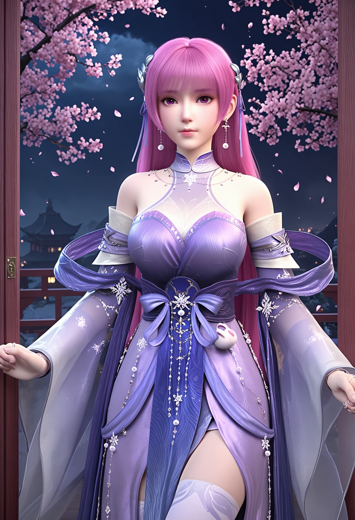 (cowboy shot:1.1),(looking at viewer:1.1),masterpiece,(best quality),smog,Dark room,dim lighting,peach blossom,falling petals,<lora:YQ_Illustrious光辉v5_叶紫芸_V1:0.8>,q1528437228,1girl,solo,long hair,hair ornament,jewelry,chinese clothes,dress,earrings,pink hair,purple hair,purple eyes,detached sleeves,blunt bangs,pantyhose,thighhighs,pink eyes,ribbon,wide sleeves,hair ribbon,very long hair,necklace,ring,see-through,shoes,