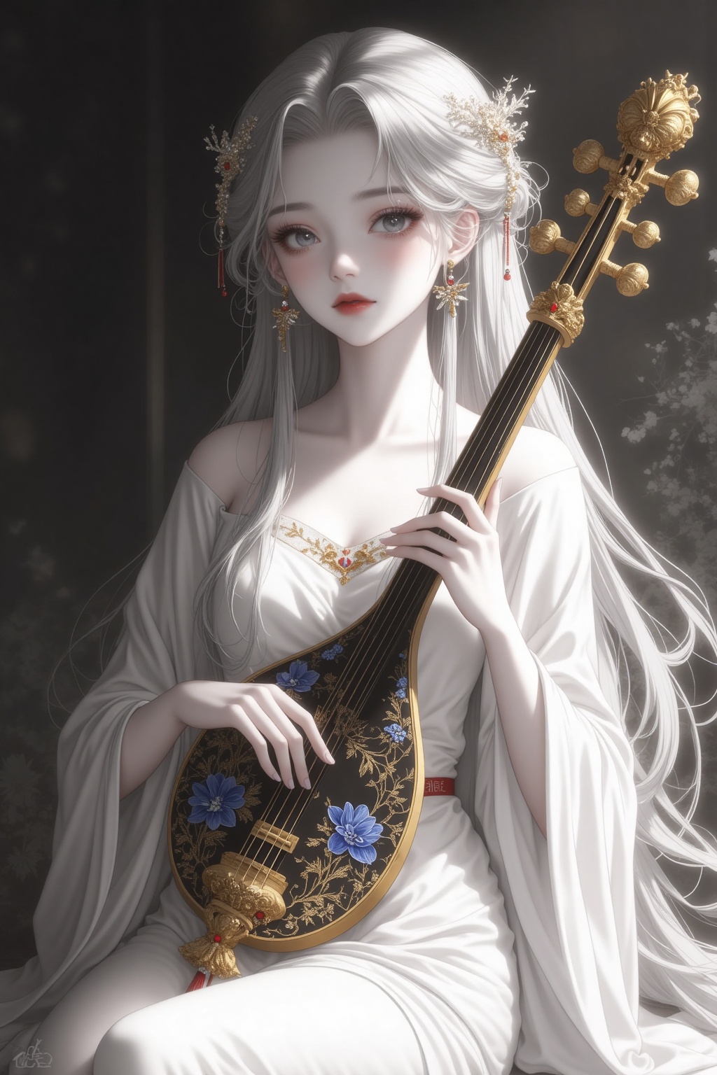GFSM,This is a highly detailed digital illustration created in a traditional East Asian art style, depicting a young woman with an ethereal, otherworldly appearance. She has long, flowing silver hair that cascades down her back, adorned with delicate, sparkling accessories that add a sense of magic. Her skin is fair, with a soft, translucent quality, and her eyes are large and expressive, with a subtle, almost dreamy look. She is dressed in a traditional white robe that drapes elegantly around her, exuding a sense of grace and serenity.She holds an ornate golden zither with intricate designs, including blue and gold floral patterns and mythical creatures, adding a touch of opulence to the scene. The zither is delicately placed on her lap, with her hands gently holding the strings, suggesting a moment of quiet contemplation or musical expression.The background is softly blurred, creating a dark, shadowy ambiance that enhances the mystical atmosphere. The light in the image is soft and diffused, casting a gentle glow that highlights the delicate textures and details of the subject and her surroundings. The overall style is highly realistic, focusing on intricate textures and a serene, almost dreamlike quality. This translation accurately reflects the content provided, ensuring it aligns with the original description while maintaining adherence to cultural sensitivities and guidelines.