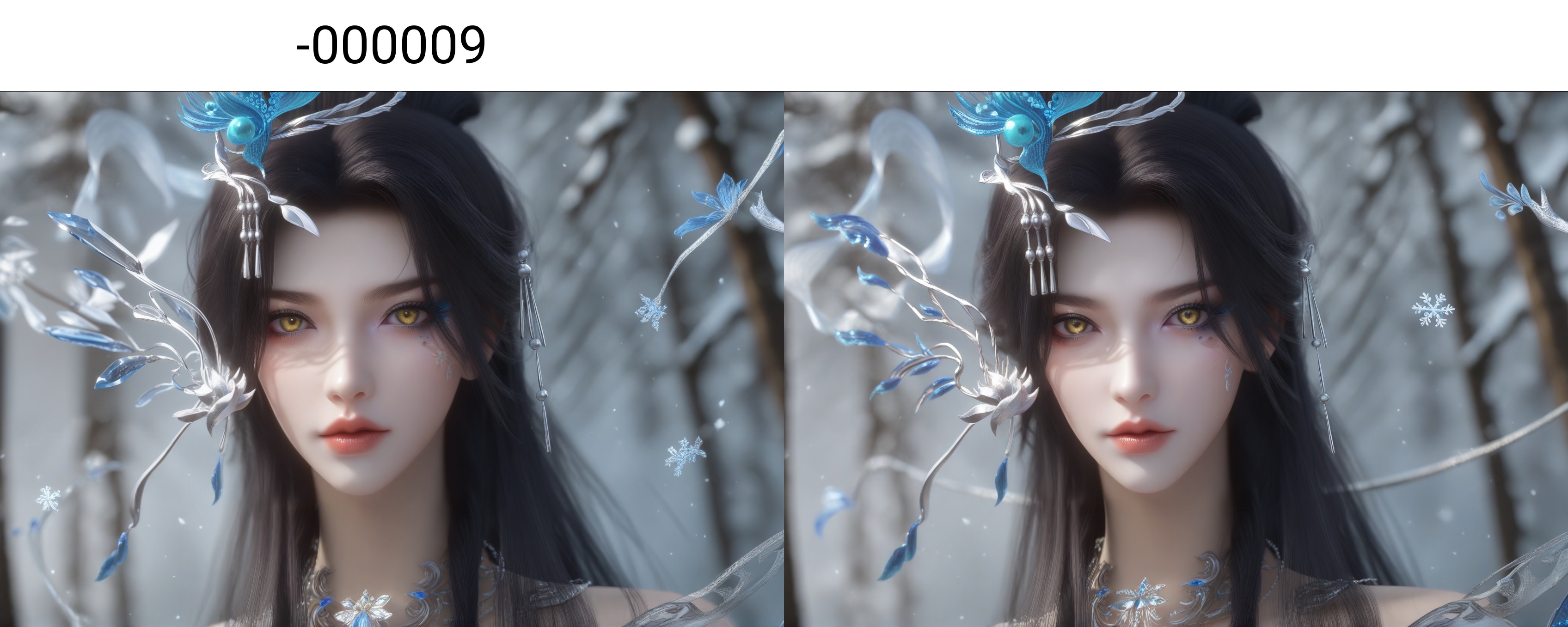 (score_9),portrait,(close-up),solo focus,eye focus,<lora:云望舒-apony-000009:0.83>,yunwangshu,1girl,solo,yellow eyes,long hair,hair ornament,black hair,updo,hair bun,mole under eye,eyeshadow,makeup,<lora:Expressive_H-000001:0.8>,front view,looking at viewer,<lora:e肤色滑块:0.35>,fair_skin,(pale_skin),(white_skin),light skin,ultra-detailed skin texture,detailed textures,BREAKsimple background,in snow,Tyndall effect,available light,depth of field,tree,snowflakes,branch,twig,4K ultra HD,sharp focus,high detail,natural lighting,high contrast,