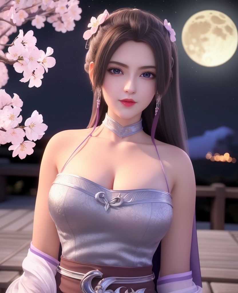 <lora:569-DA-星辰变-朔燕:0.8>(,1girl, ,best quality, ),looking at viewer,masterpiece,(( , )),, realistic,science fiction,mole,,ultra realistic 8k cg,     ,cherry blossoms,,night, night sky, crescent moon, moonlight,,(facing viewer, looking at viewer, , ),  (cleavage), (),