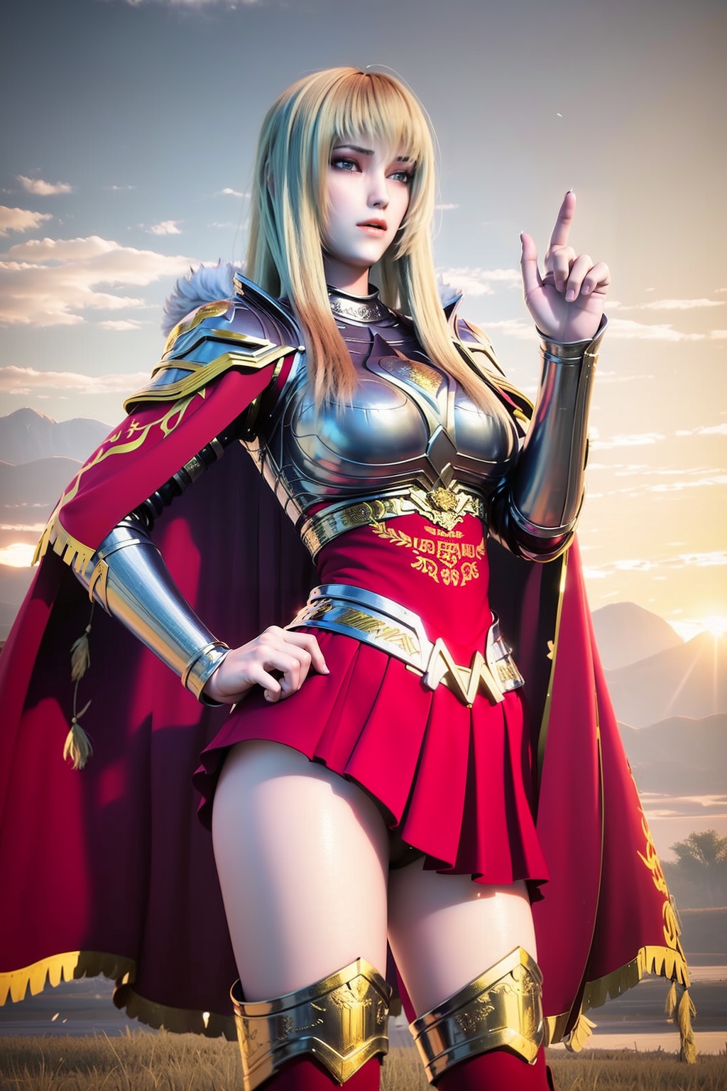 ((HRD, HUD, 8K)),((masterpiece, best quality)),highly detailed,(perfect anatomy:1.2),<lora:TianShiYan:1.1>,1girl,cape,solo,hand_on_hip,thighhighs,boots,fur_trim,long_hair,blonde_hair,standing,skirt,looking_at_viewer,a woman dressed in a costume and cape posing for a picture with a sword in her hand and a red cape,