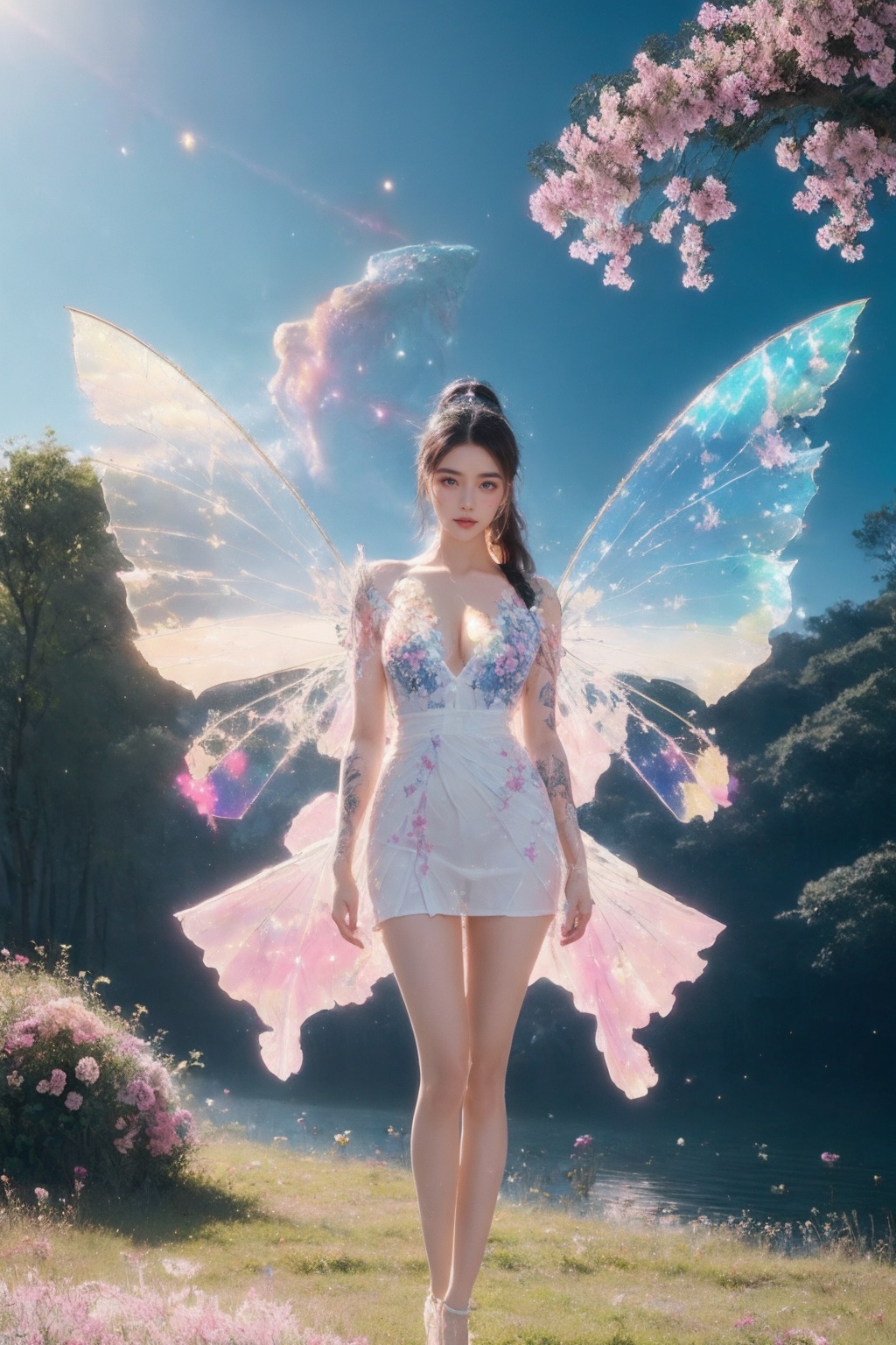 1girl,white see-through dress,short skirt,(very long legs:1.1),(legs apart:1.2),cleavage,tattoo,nebula,(painted clothes:1.3),standing,(transparent wings:1.3),high heels,high ponytail hanging down to the shoulders,lake,flowers,flowers meadows,grasslands,day,sunny sky,outdoors,<lora:Again_Style_2:1>