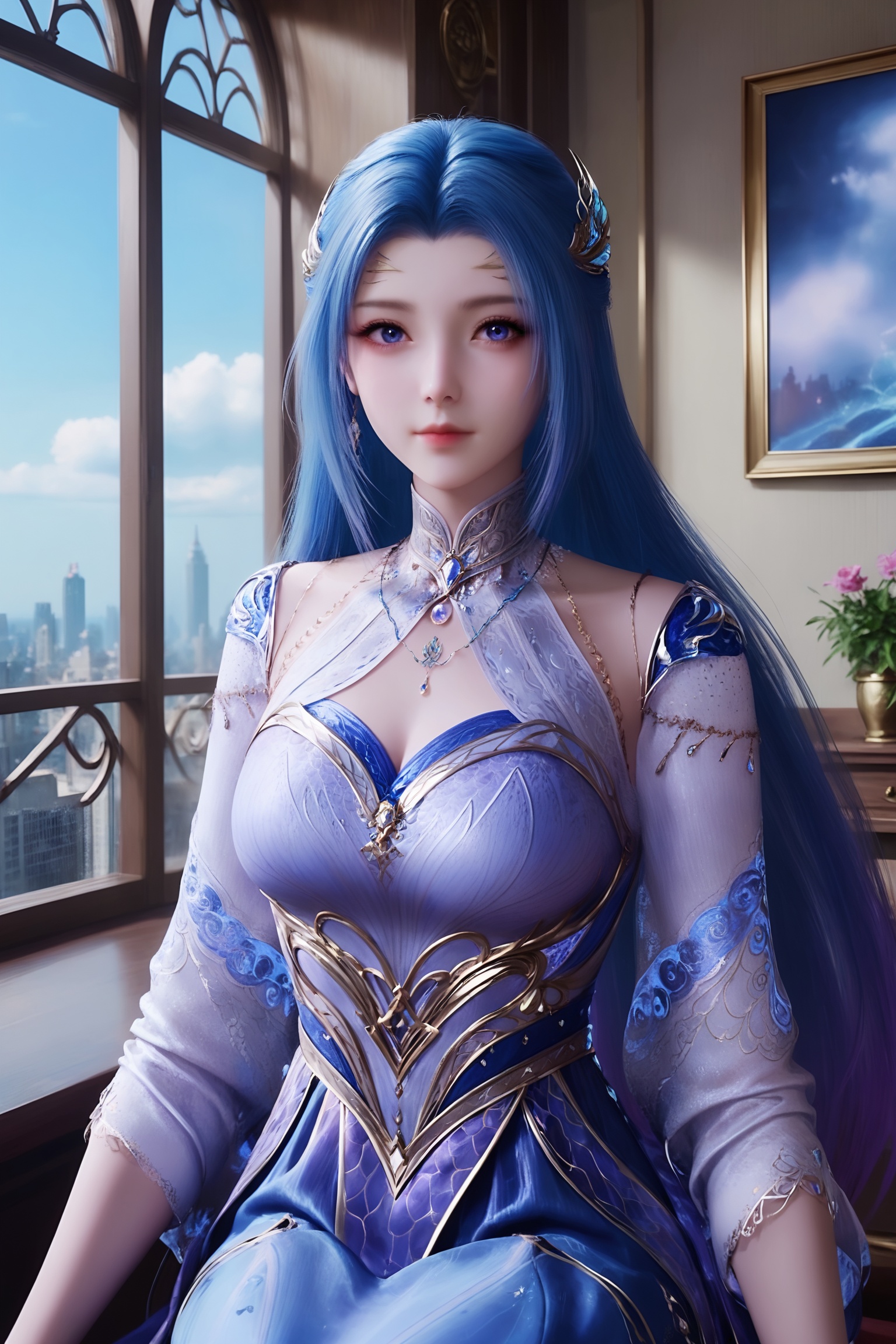 <lora:斗罗大陆2-唐舞桐pony:0.7>,1girl,long,flowing blue hair,sparkling silver accessories,form-fitting,elegant gown in a light,ethereal blue,with intricate,flowing patterns,high collar,long sleeves,flowing skirt,upper body,, 1girl,solo,sitting,window,frills,sky,cloud,indoors,cityscape,closed_mouth,sun,looking at viewer,
