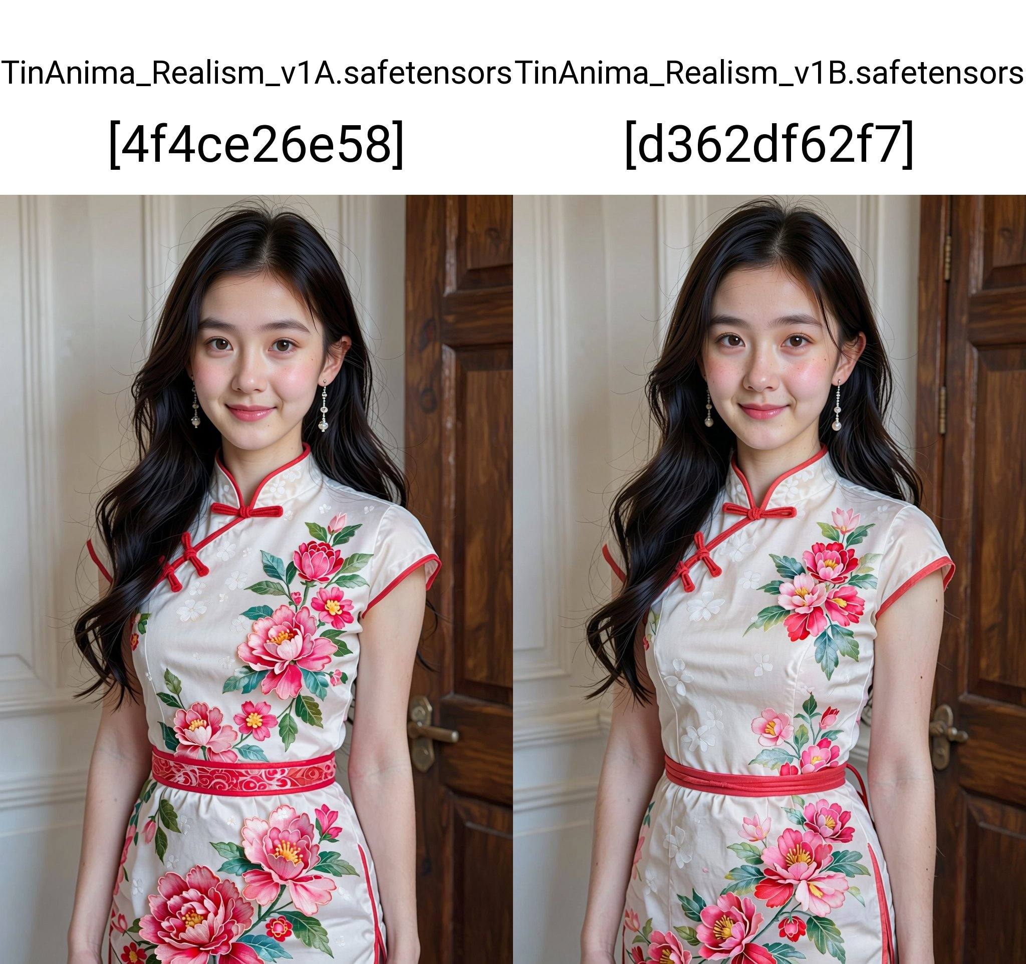 A photograph of an East Asian woman with long,  wavy black hair and fair skin. She wears a traditional Chinese cheongsam d...