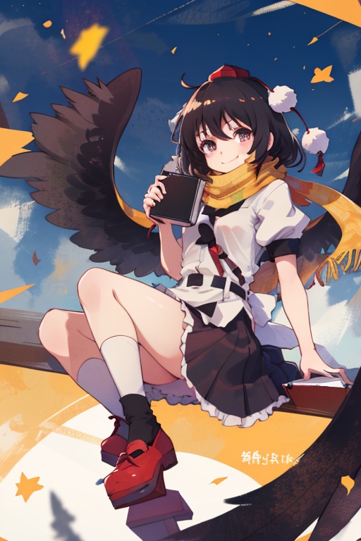 aya body,aya head,1girl,shameimaru aya,solo,camera,wings,smile,looking at viewer,notebook,black wings,scarf,geta,<lora:shameimaru aya nai005:0.6>,