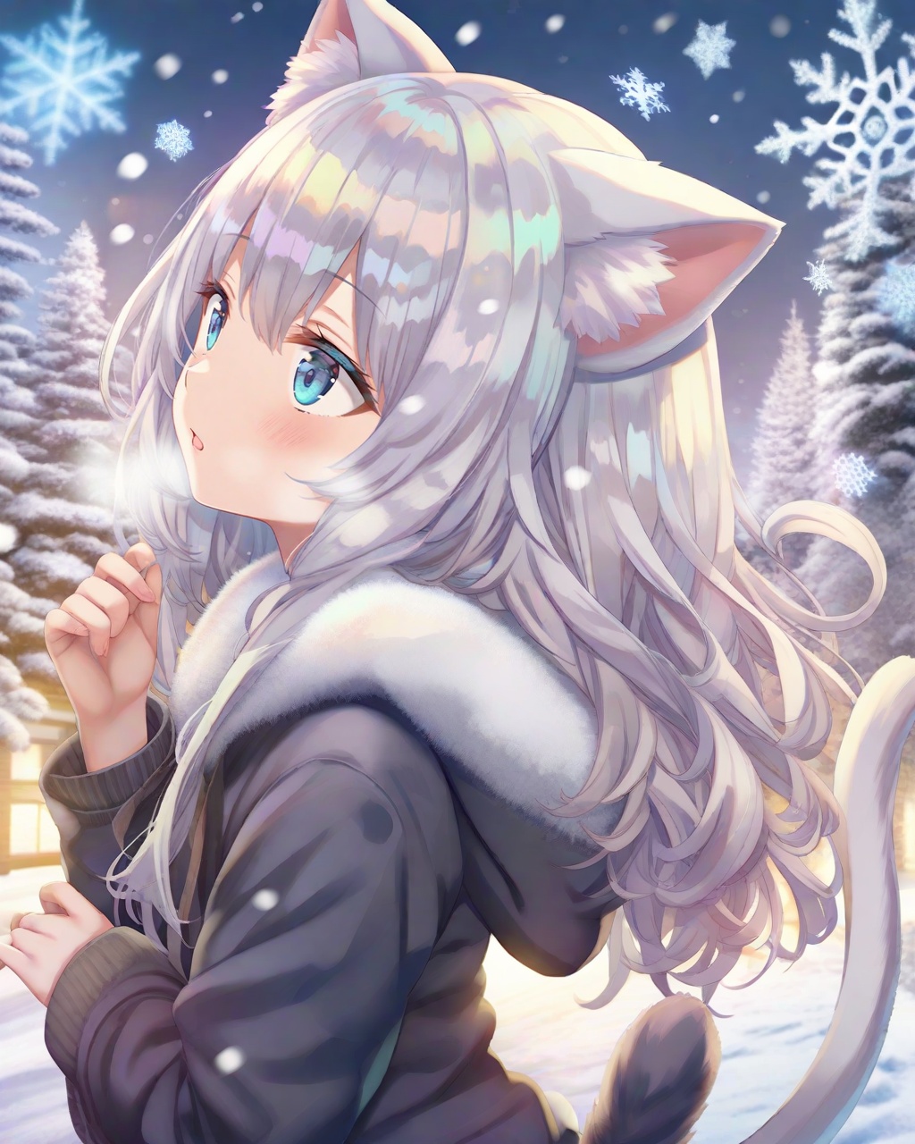 (Best-A:1.1),torino_aqua,1girl, animal ears, tail, blue eyes, solo, cat tail, cat ears, cat girl, white hair, hood, long hair, animal ear fluff, hood down, outdoors, snow, blush, parted lips, upper body, tree, snowing, winter, snowflakes, fur trim, breath, looking up, hooded jacket, from side
