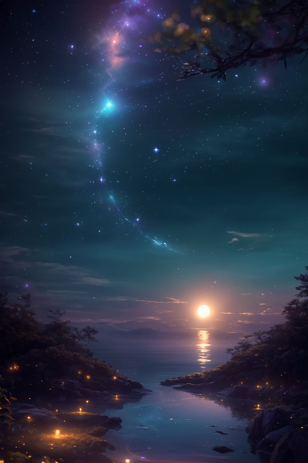 <lora:MHBG_20240210000238-000007:0.6>,MHBG,sky,scenery,star \(sky\),cloud,starry sky,outdoors,sunset,night,tree,horizon,night sky,(no humans:2),nature,forest,moon,crescent moon,reflection,water,fireflies,lantern,grass,blurry,full moon,light particles,bug,branch,leaf,depth of field,butterfly,ocean,sun,planet,sparkle,bokeh,lens flare,bubble,space,, with intense rainfall,monochromatic,masterpiece,best quality,high quality,extremely detailed CG unity 8k wallpaper,award winning photography,Bokeh,Depth of Field,HDR,bloom,Chromatic Aberration,Photorealistic,extremely detailed,trending on artstation,trending on CGsociety,Intricate,High Detail,dramatic,art by midjourney,volumetric lighting,