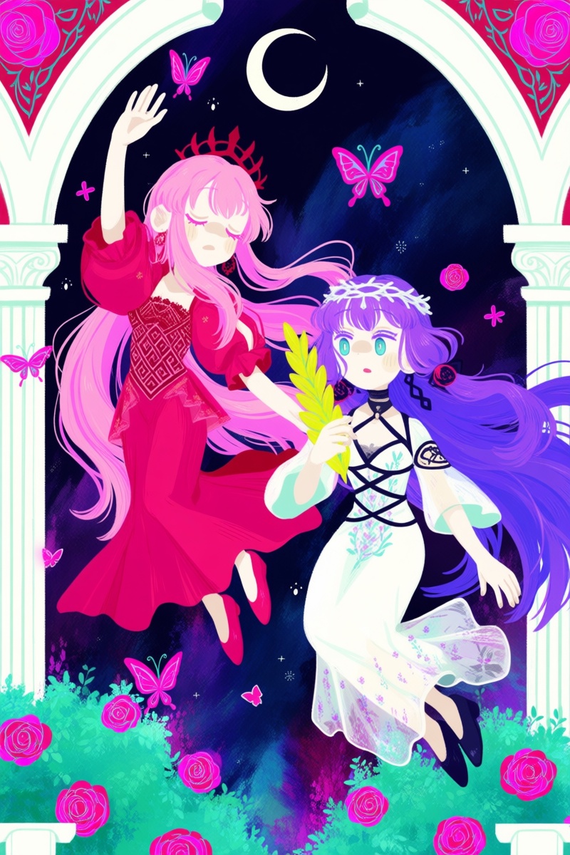 @jsslnst,  Two female characters with long hair are floating in front of an archway filled with vibrant pink roses and gre...