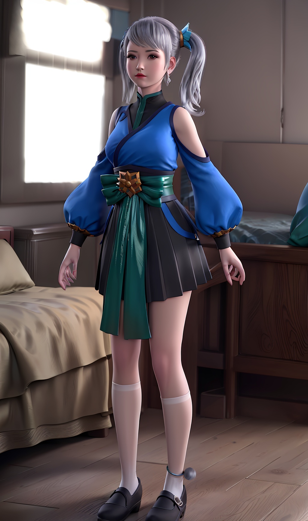 3D,masterpiece,(best quality),(makeup),official art, extremely detailed cg 8k wallpaper,((crystalstexture skin)), (extremely delicate and beautiful),(highly detailed),(face),(double_ponytail),(collar),(1girl), (solo), (jewelry), (earrings),(white_hair),(long_hair),(hair_ornament),(handwear),(sleeve),(breast),((standing)),((full_body,whole_body)),(dress),(shorts_under_skirt),(chinese_clothes),(multicolored_clothes),(multicolored_dress),,(shiny_clothes),(long_legs),(sash),(closed_mouth),(room,bed),((looking_at_viewer)),((Facing the camera)),(socks),(shoes),(cloth_shoes),(flat_shoes),, <lora:hipoly3DModelLora_v10:0.3>