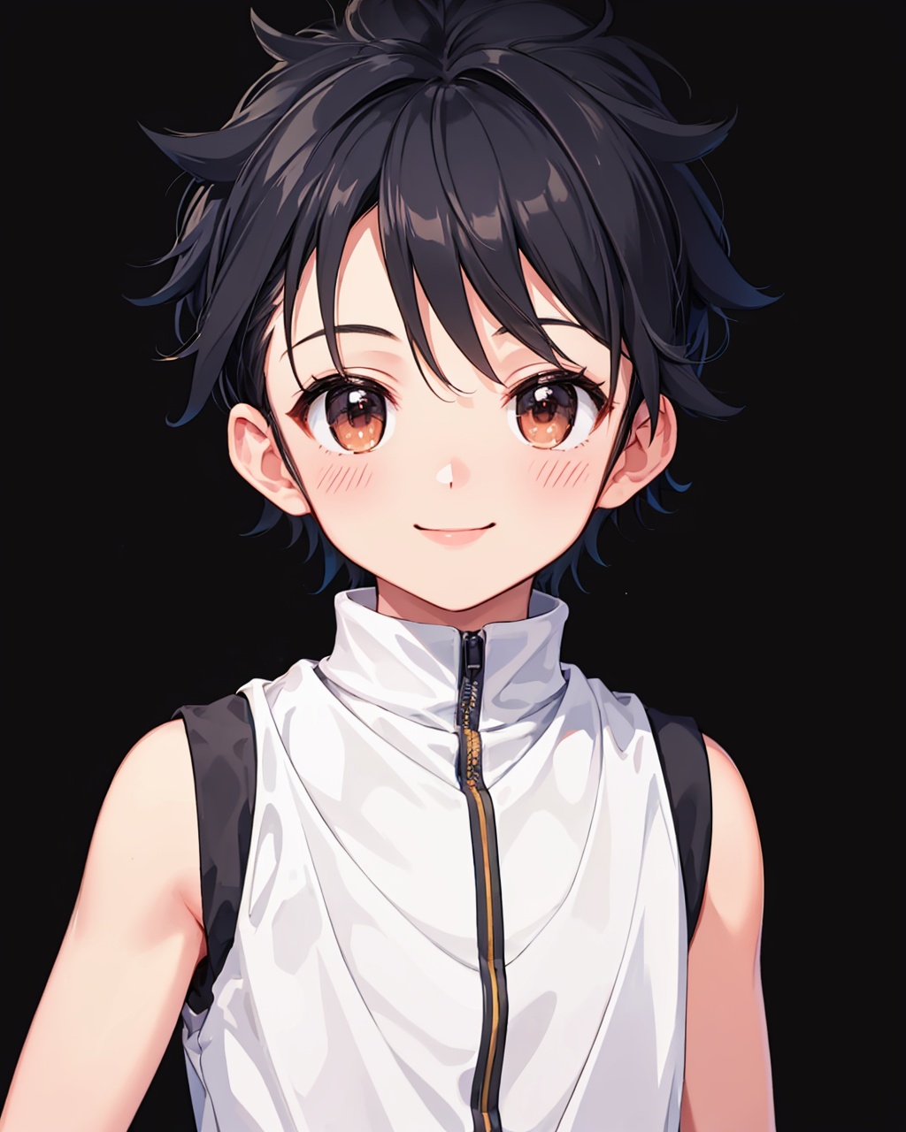 masterpiece,best quality, highly detailed, gon freecss,1boy, solo, male focus, smile, looking at viewer, closed mouth, male child, blush, upper body, sleeveless shirt,<lora:gon_freecss:1>