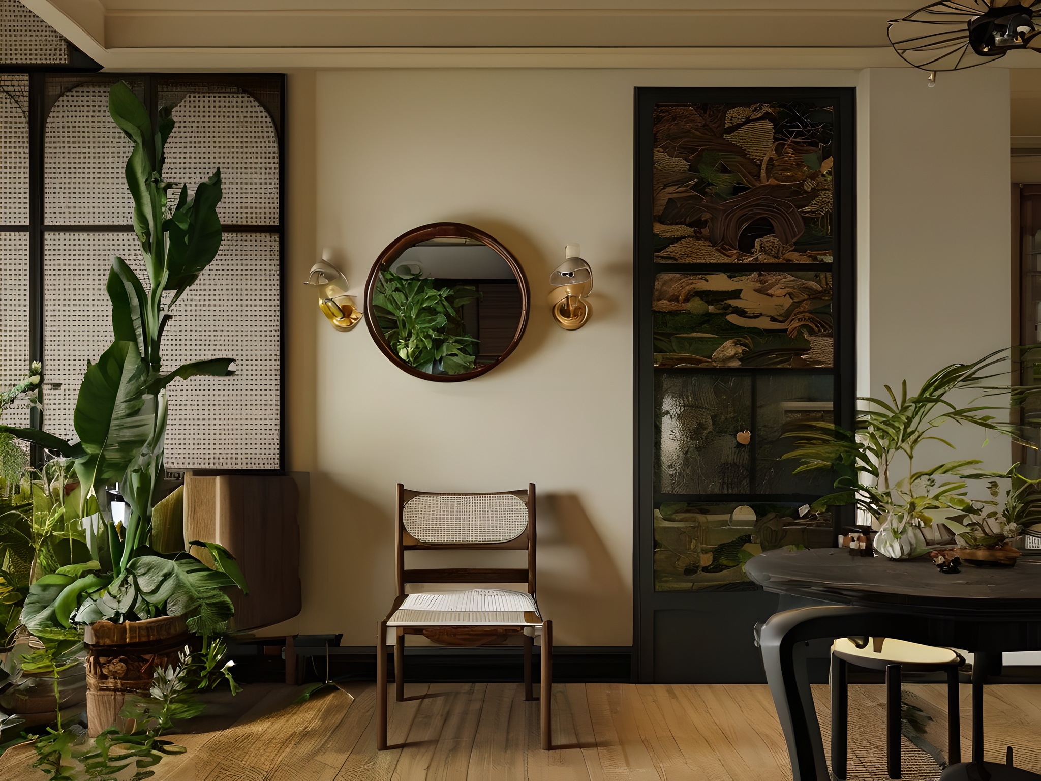 nanyang,fugu,no humans,chair,indoors,table,lamp,window,plant,8K,masterpiece,reality,<lora:nanyang XL1.0-000004:1>,